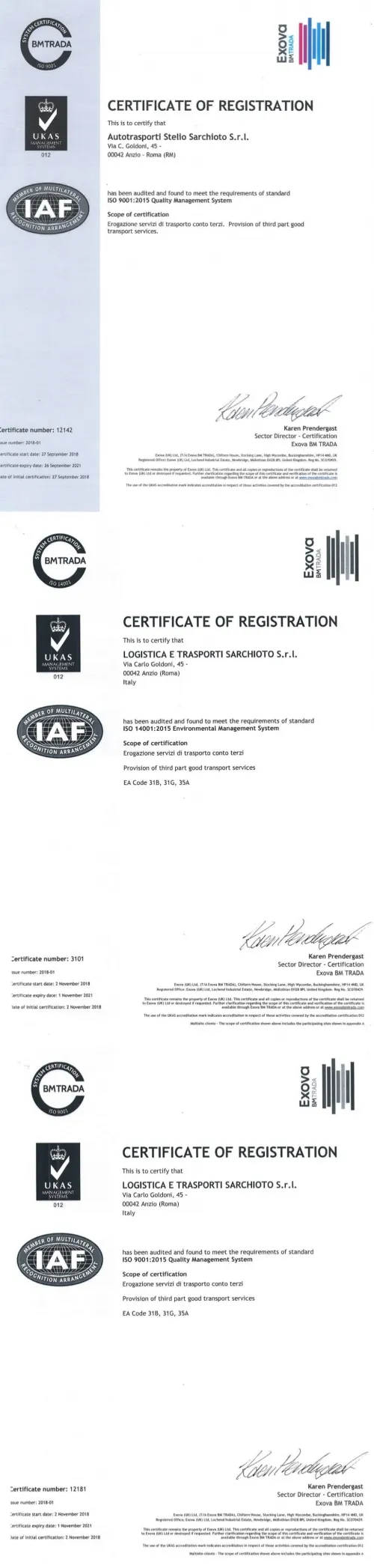 Le certificazioni ISO 9001 e ISO 14001 ottenute da Luna Trasporti